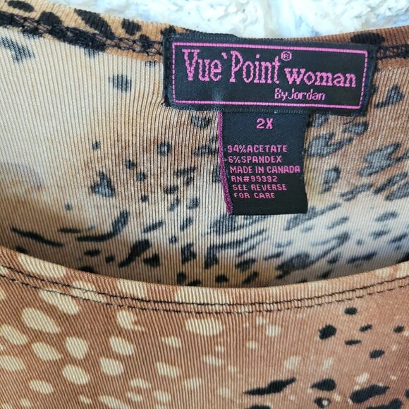 Vue Point Womens Top 2X Plus 3/4 Sleeve Brown Animal Print Travel ANI53E - Picture 7 of 7
